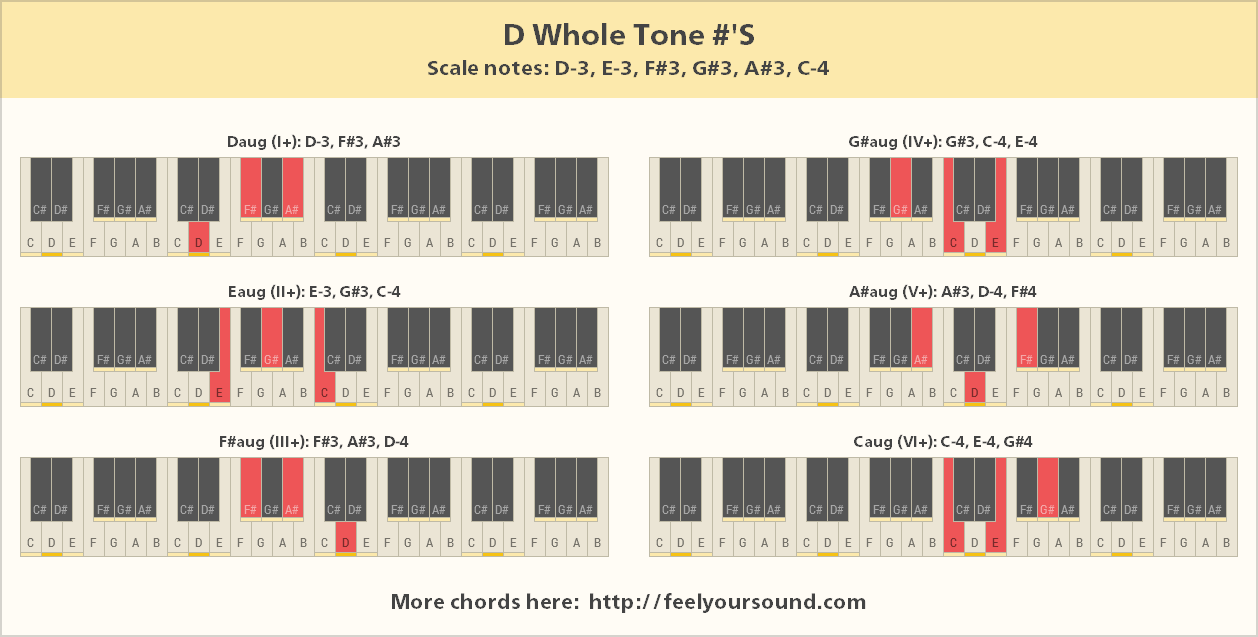 All important chords of D Whole Tone #